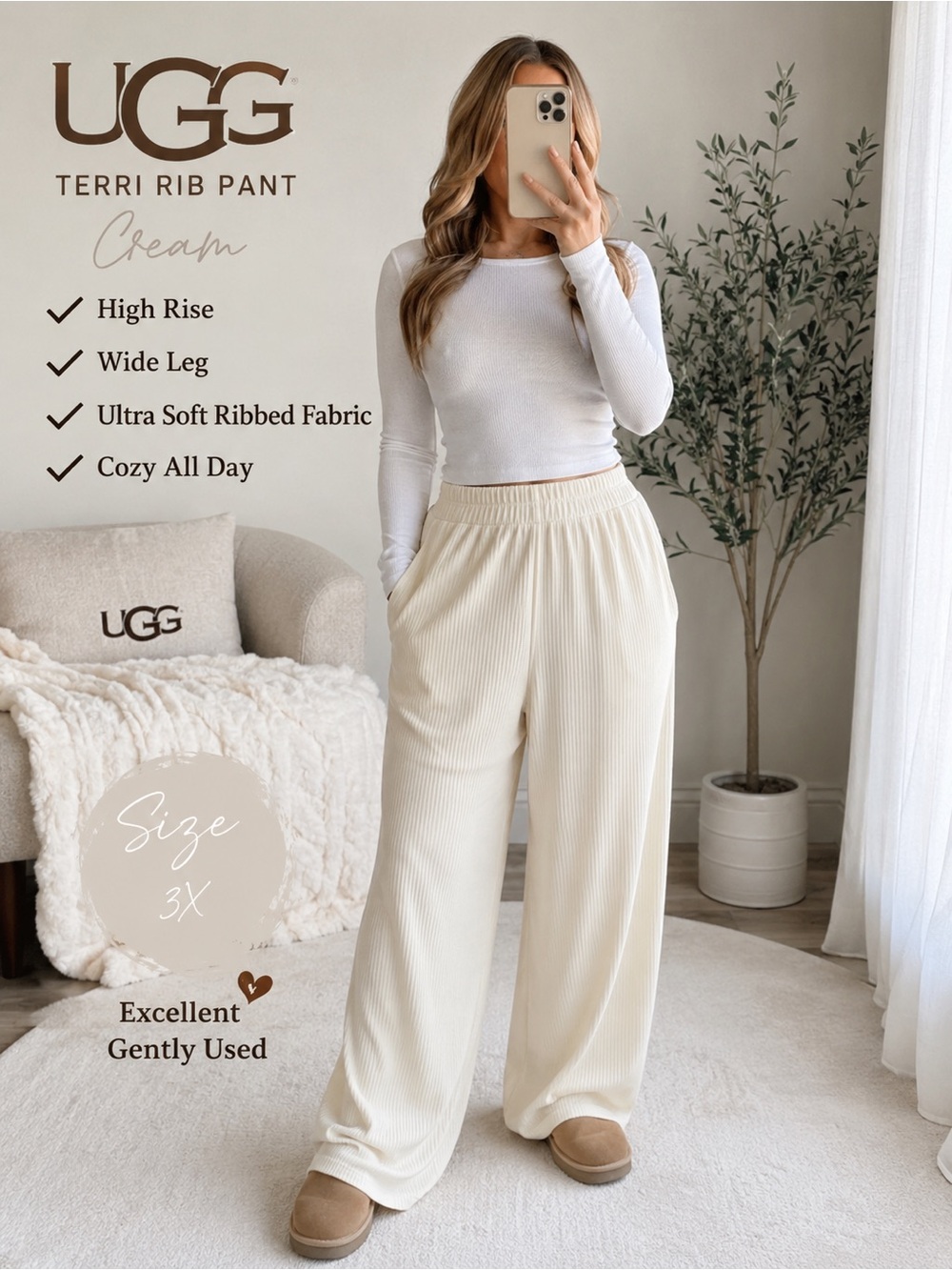 UGG Terri Rib Wide Leg Pant 3X Cream High Rise Soft‎ Lounge Cozy Quiet Luxury